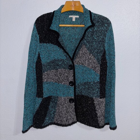 JM Collection Womans 2X Cardigan Sweater Teal Gray Black Snap Button Front Knit - Picture 1 of 7